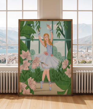 Elegant ballet dancer in a floral and botanical setting