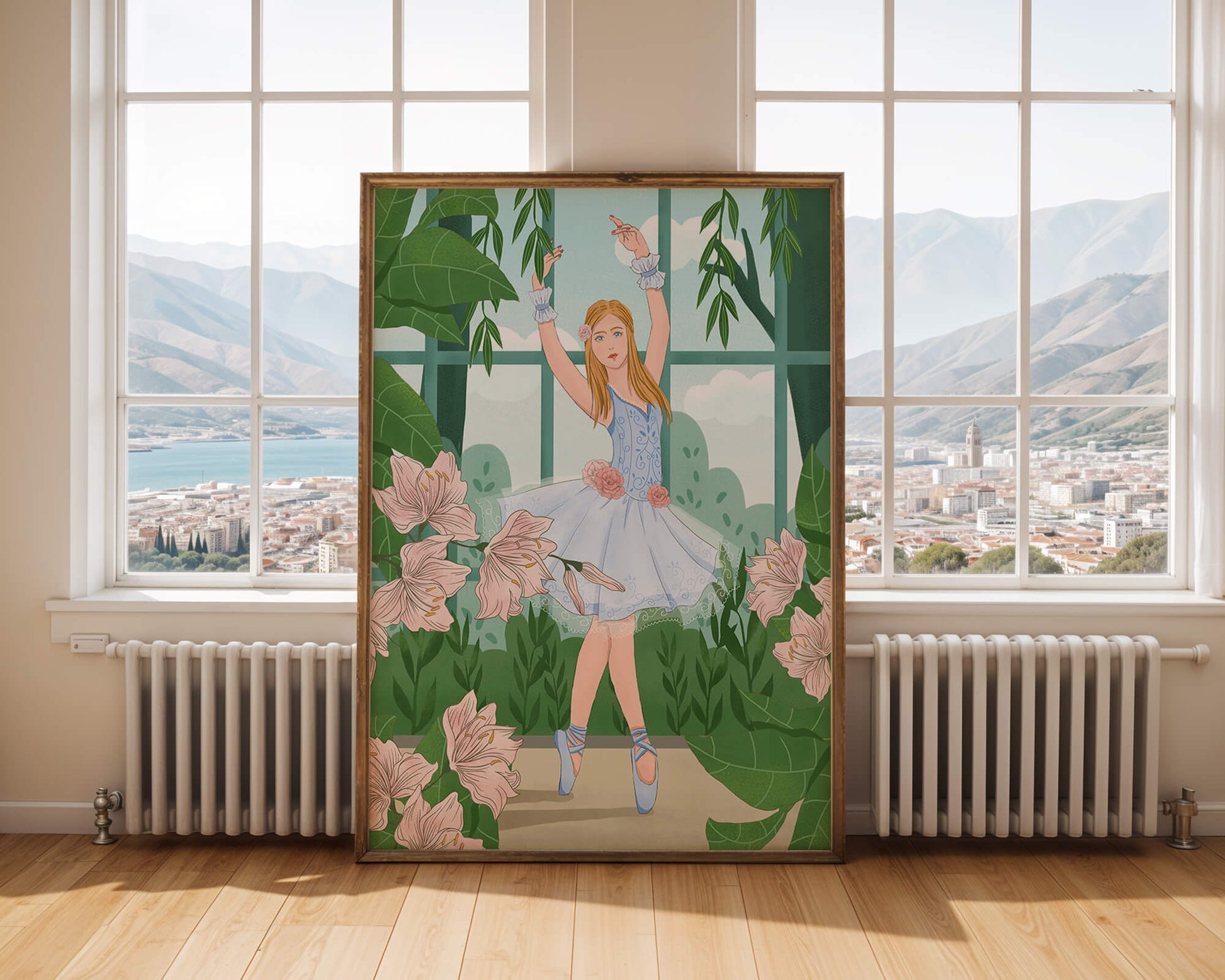 Elegant ballet dancer in a floral and botanical setting