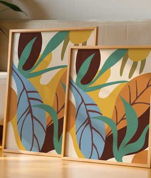 Abstract botanical design with colorful leaves and organic shapes