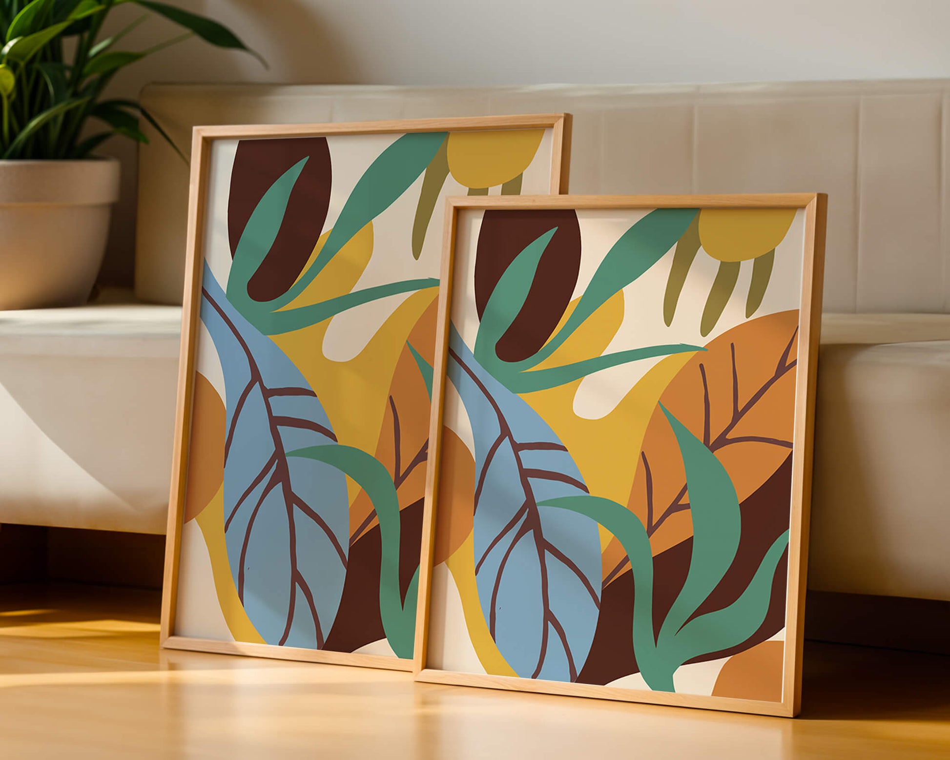 Abstract botanical design with colorful leaves and organic shapes