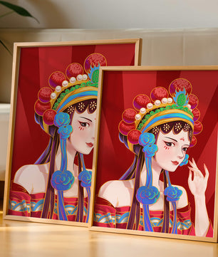 Traditional Asian art depicting stylized woman with ornate headdress