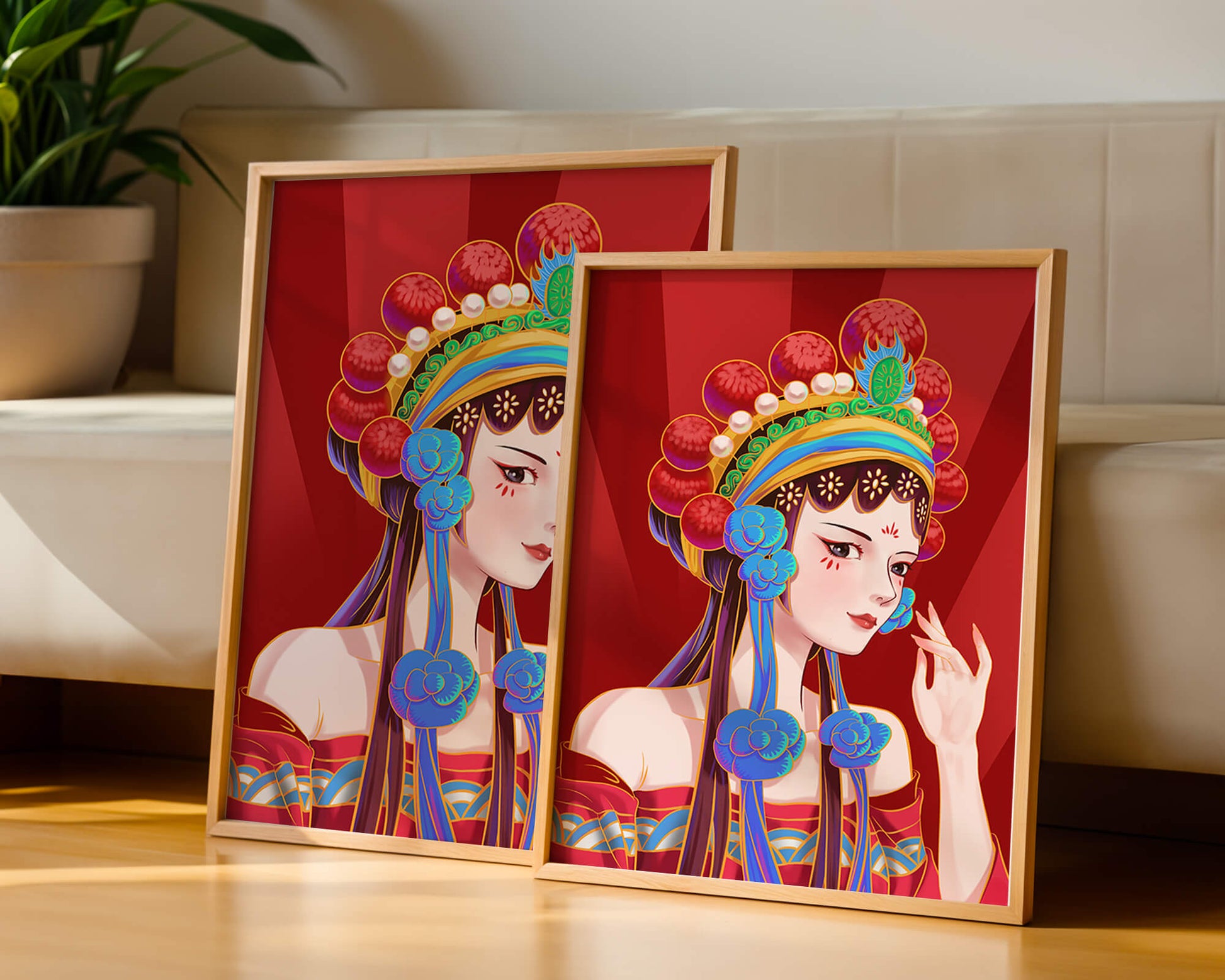 Traditional Asian art depicting stylized woman with ornate headdress