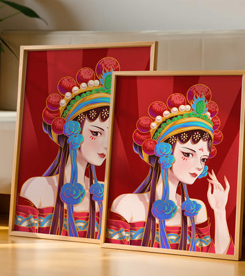 Traditional Asian art depicting stylized woman with ornate headdress