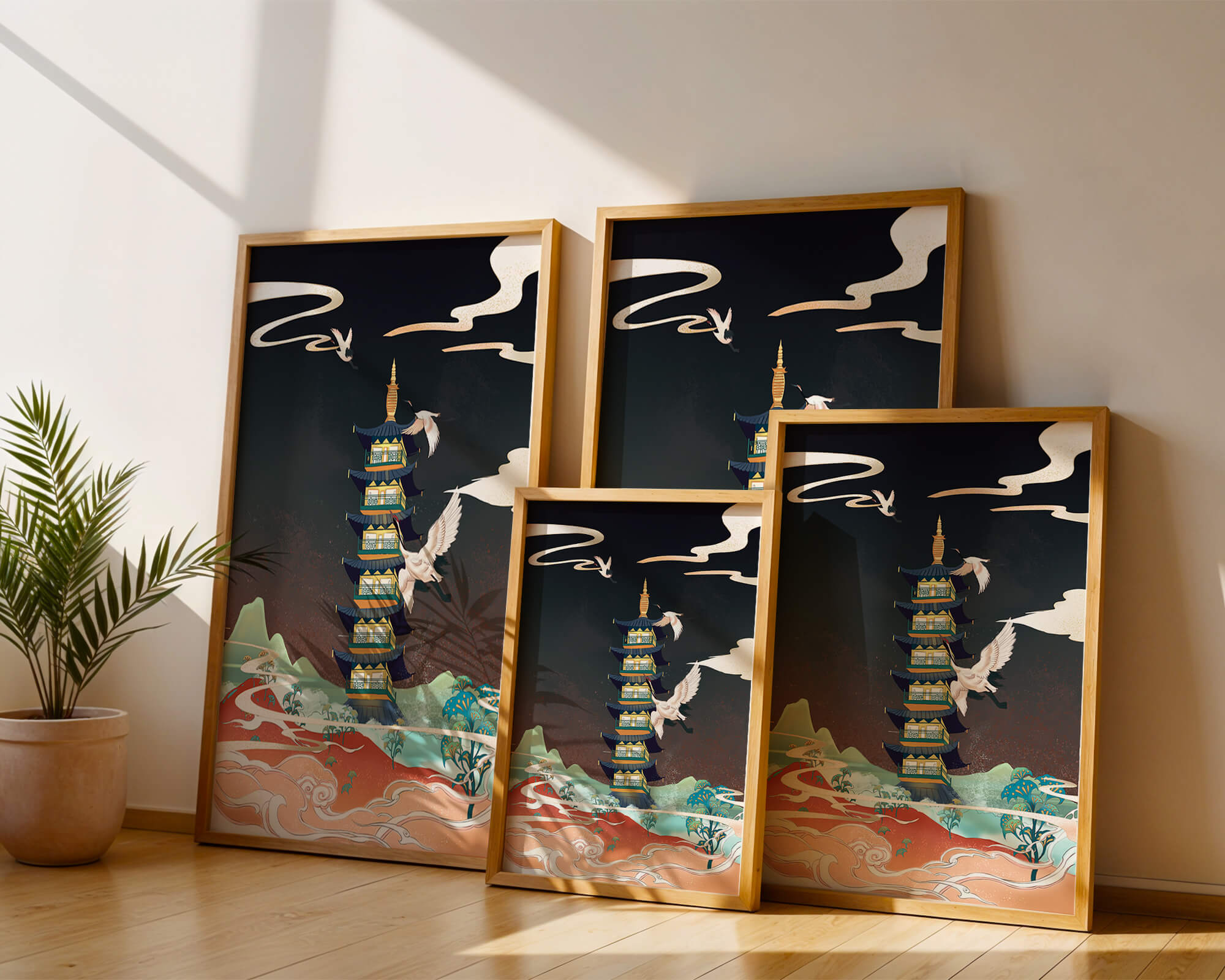 Illustrated scene of traditional pagoda with cranes in colorful landscape