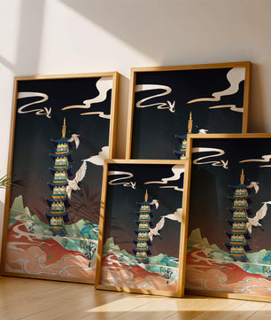 Scène illustrée d’une pagode traditionnelle avec des grues dans un paysage coloré
