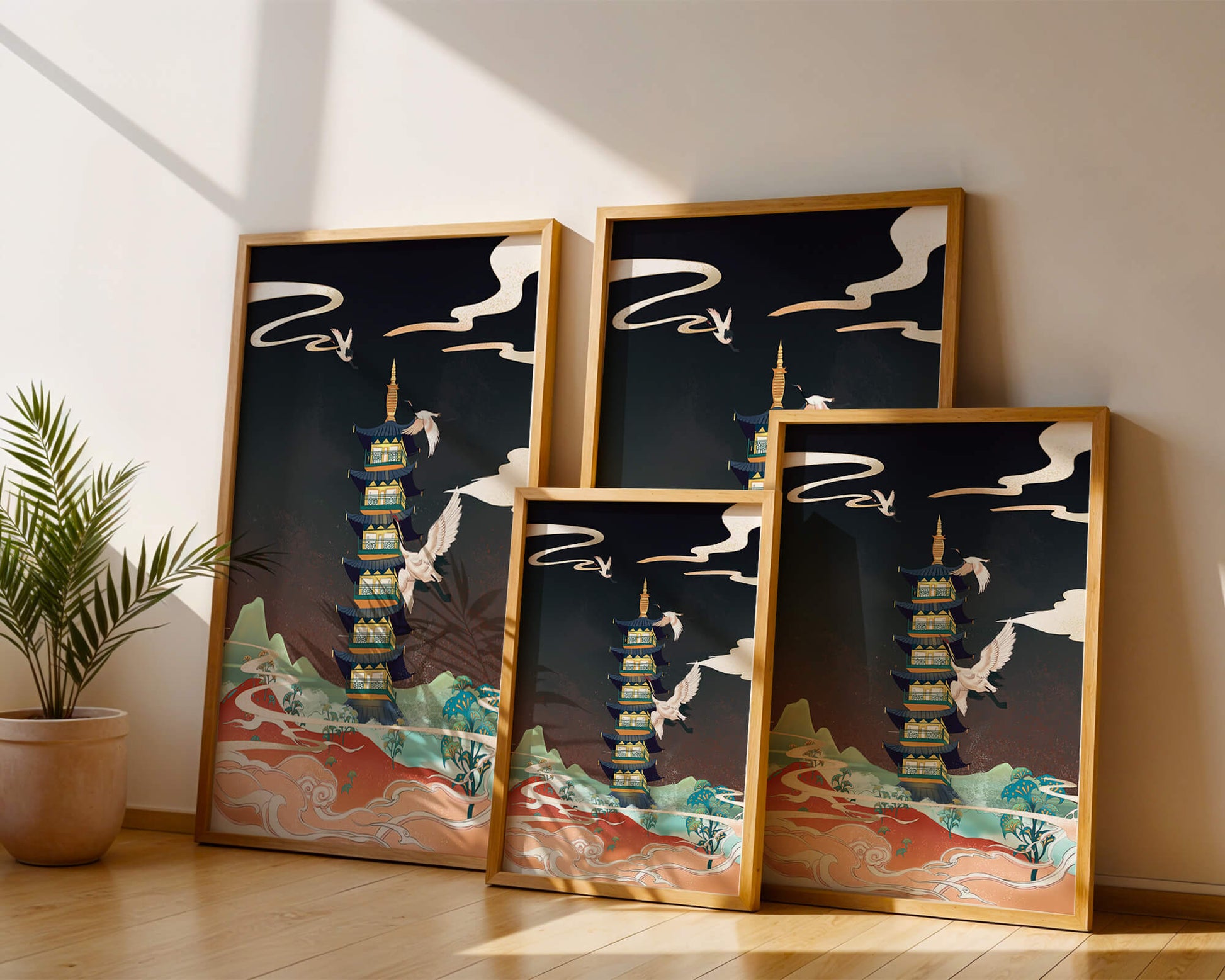Illustrated scene of traditional pagoda with cranes in colorful landscape