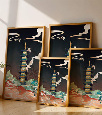 Illustrated scene of traditional pagoda with cranes in colorful landscape