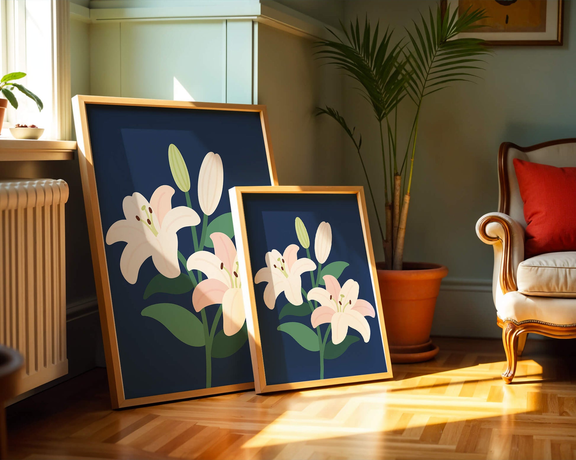 Lirios elegantes sobre un fondo azul oscuro