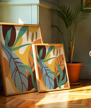 Abstract botanical design with colorful leaves and organic shapes