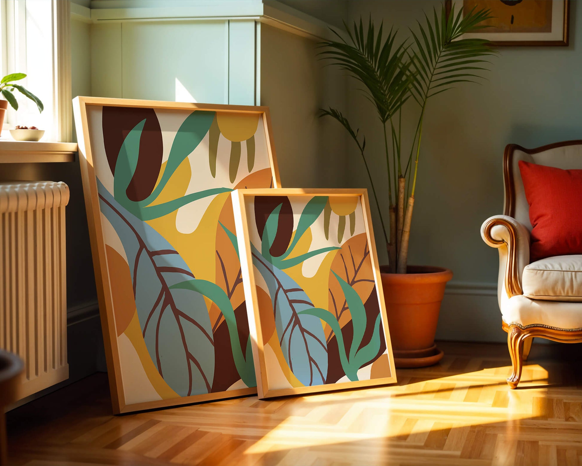 Abstract botanical design with colorful leaves and organic shapes