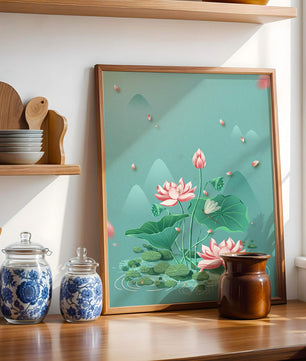 Illustration sereine de fleurs de lotus dans un étang paisible avec des montagnes