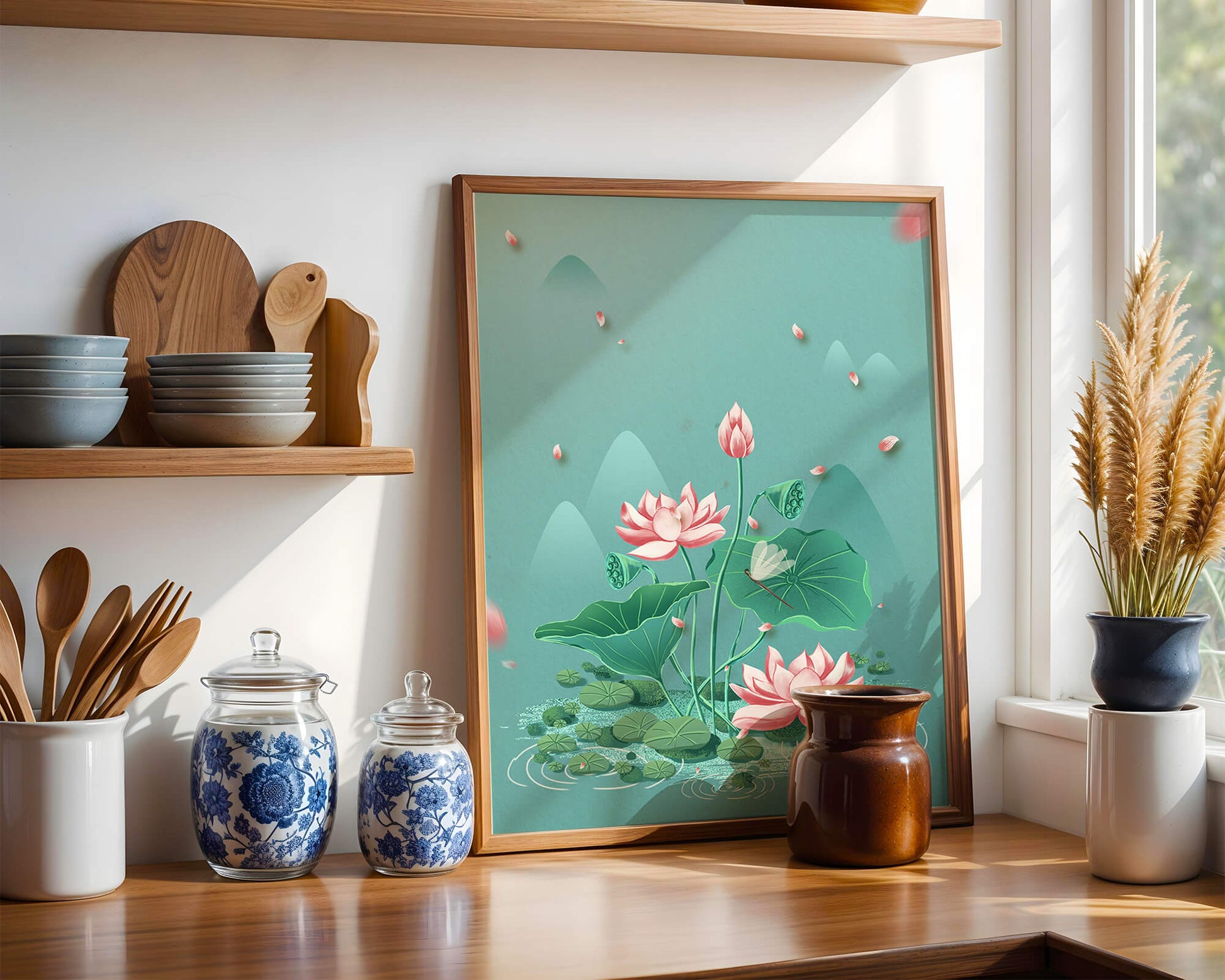 Serene illustration of lotus flowers in a tranquil pond setting with mountains