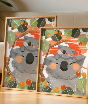 Koalas dans un cadre naturel vibrant aux tons orange et verts