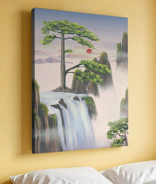 Serene landscape with flowing waterfall and sunrise