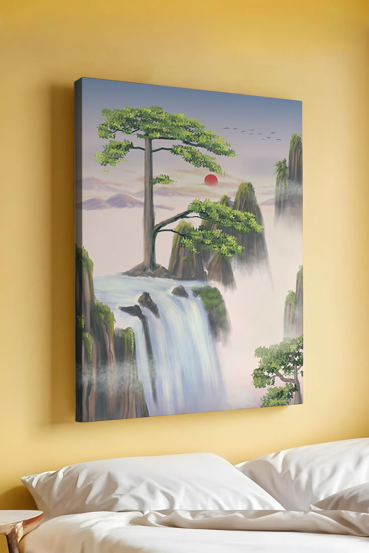 Serene landscape with flowing waterfall and sunrise