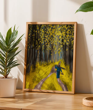 Man Walking Through a Sunny Forest with Golden Leaves