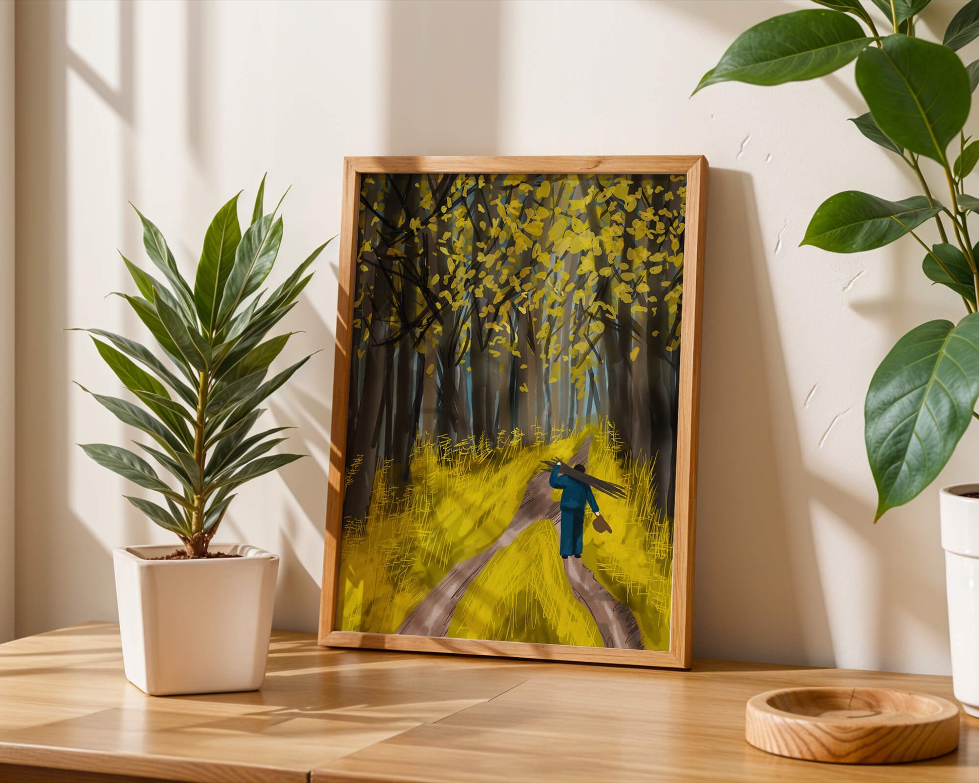 Man Walking Through a Sunny Forest with Golden Leaves