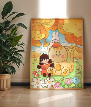 Ilustración caprichosa de una niña, un gato y un conejo en un paisaje otoñal