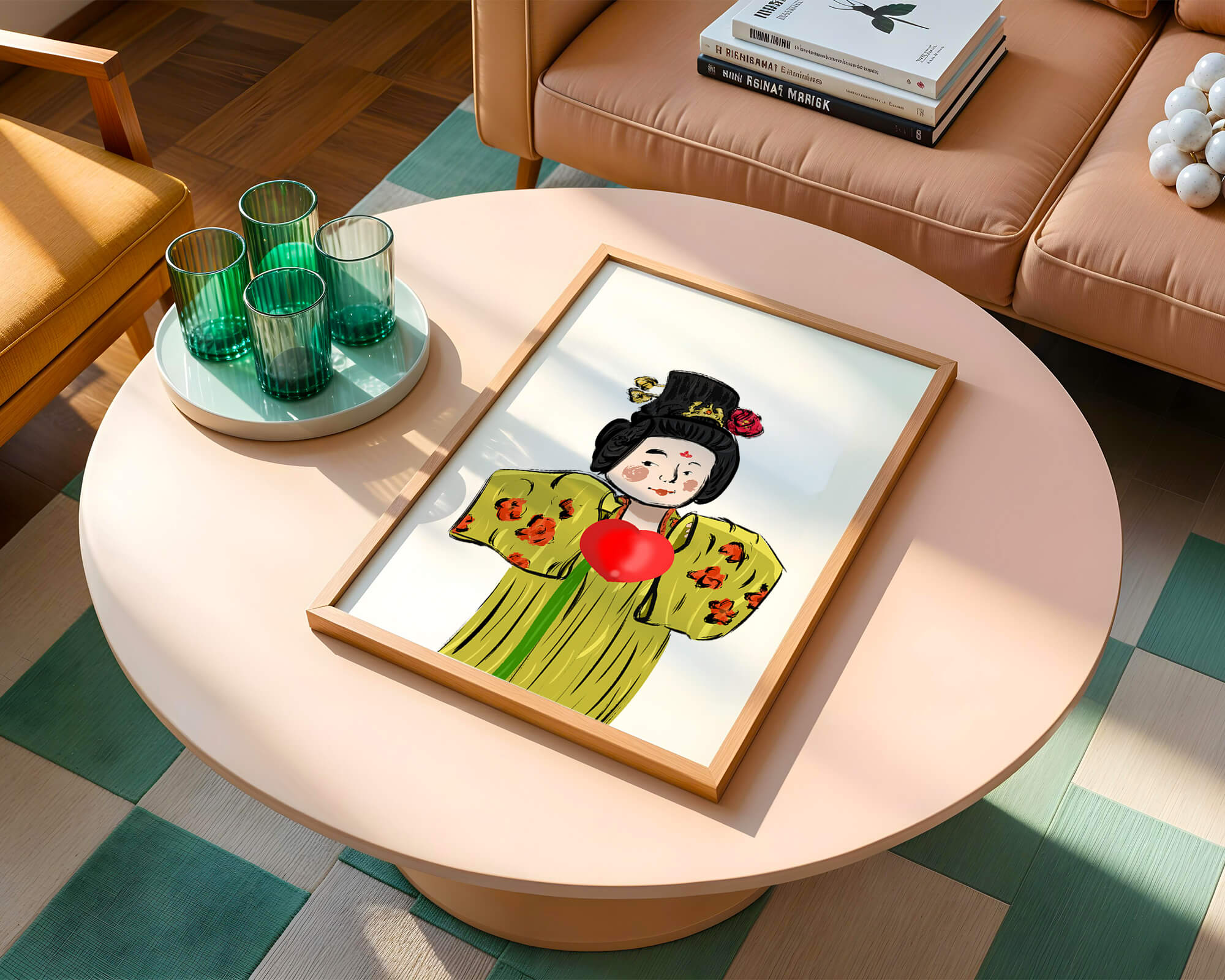 Illustration of a traditional figure in vibrant attire with a heart symbol