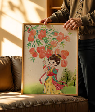 Escena encantadora de una niña con atuendo tradicional y melocotones