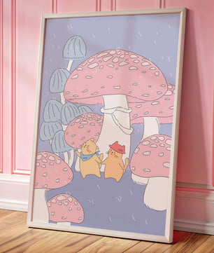 Encantadora ilustración de gatos entre hongos caprichosos