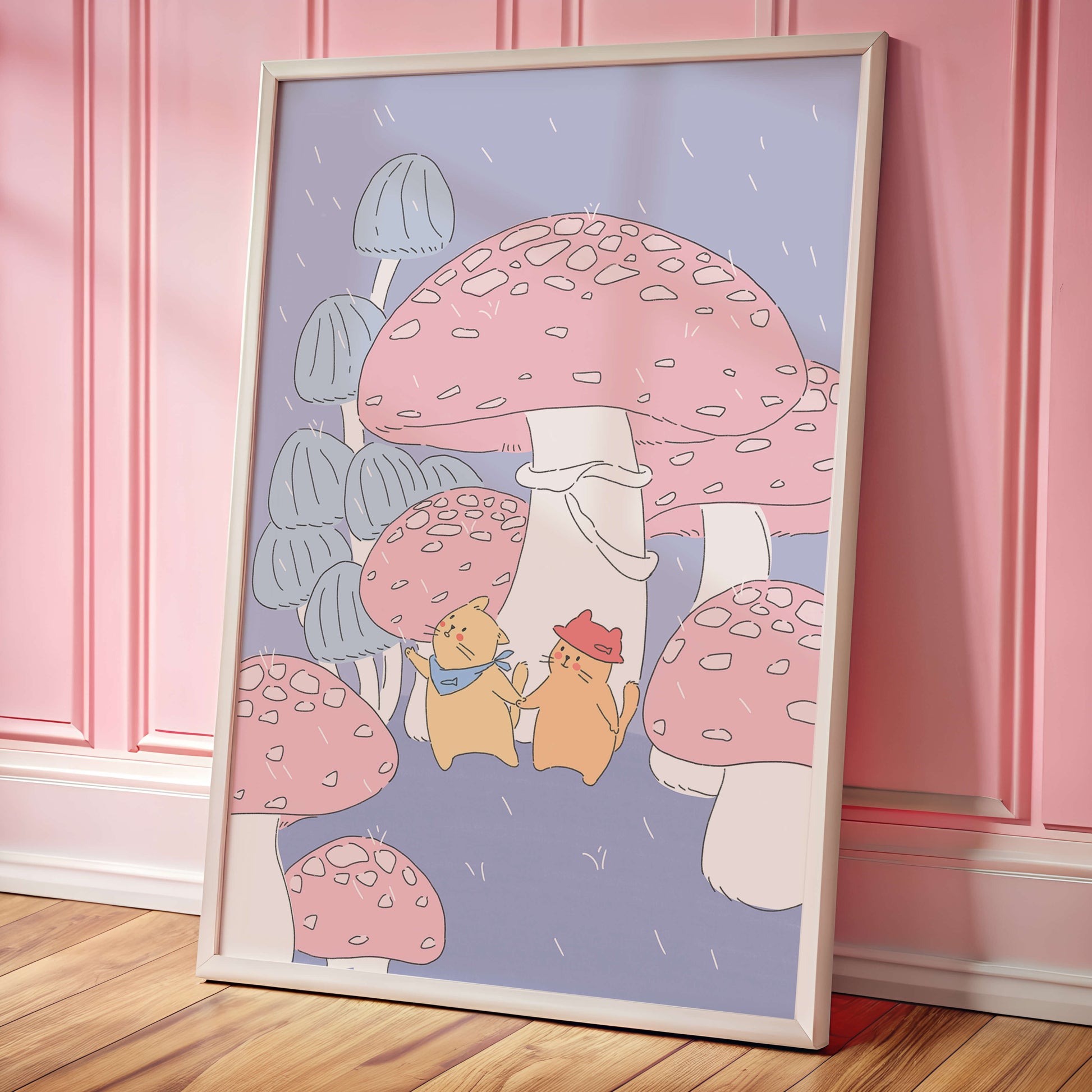Charming illustration of cats among whimsical mushrooms