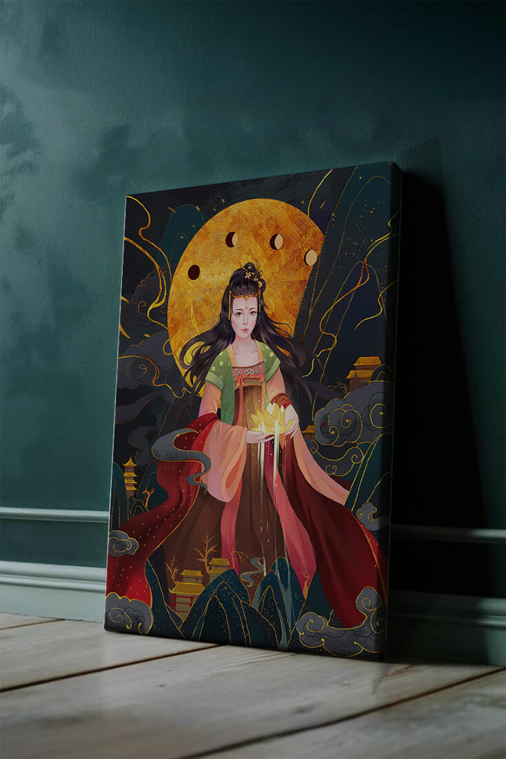 Elegante representación de una figura mítica con un fondo celestial dorado.