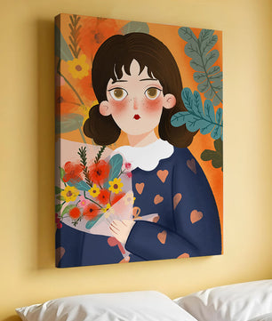 Ilustración colorida de una chica con flores rodeada de un fondo floral vibrante