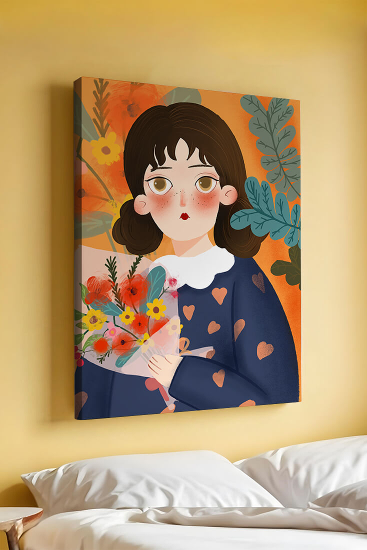 Ilustración colorida de una niña con flores rodeada de un fondo floral vibrante.