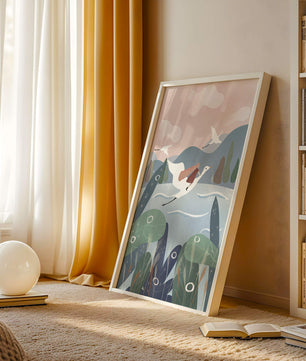 Whimsical landscape with flying birds and pink sky