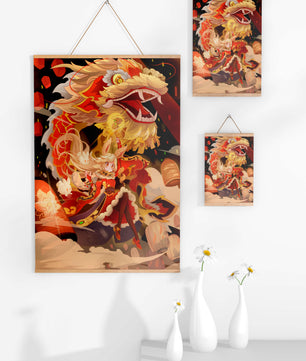 Personnage dynamique avec dragon et lanternes dans une œuvre d'art animée et vibrante