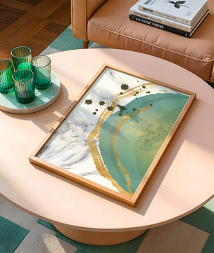 Elegant abstract design with gold accents and teal hues