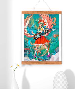 Fusión colorida de arte tradicional y moderno con un músico como protagonista