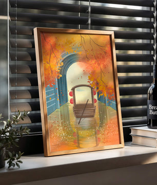 Serene autumn scene with archway and wooden boat