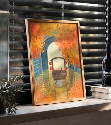 Serene autumn scene with archway and wooden boat