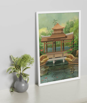 Traditional Japanese Garden Pavilion with Scenic Pond and Lush Greenery