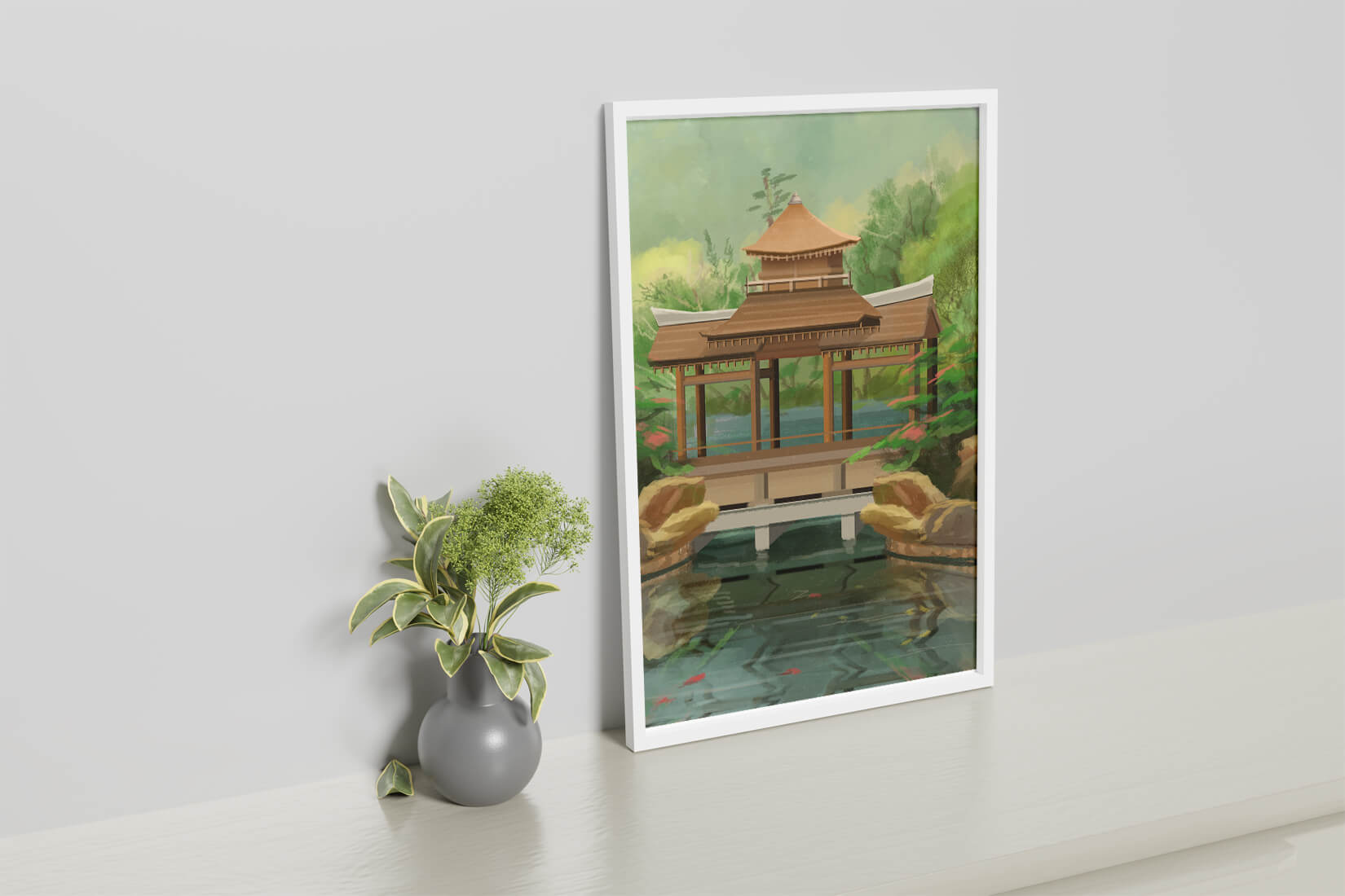 Traditional Japanese Garden Pavilion with Scenic Pond and Lush Greenery