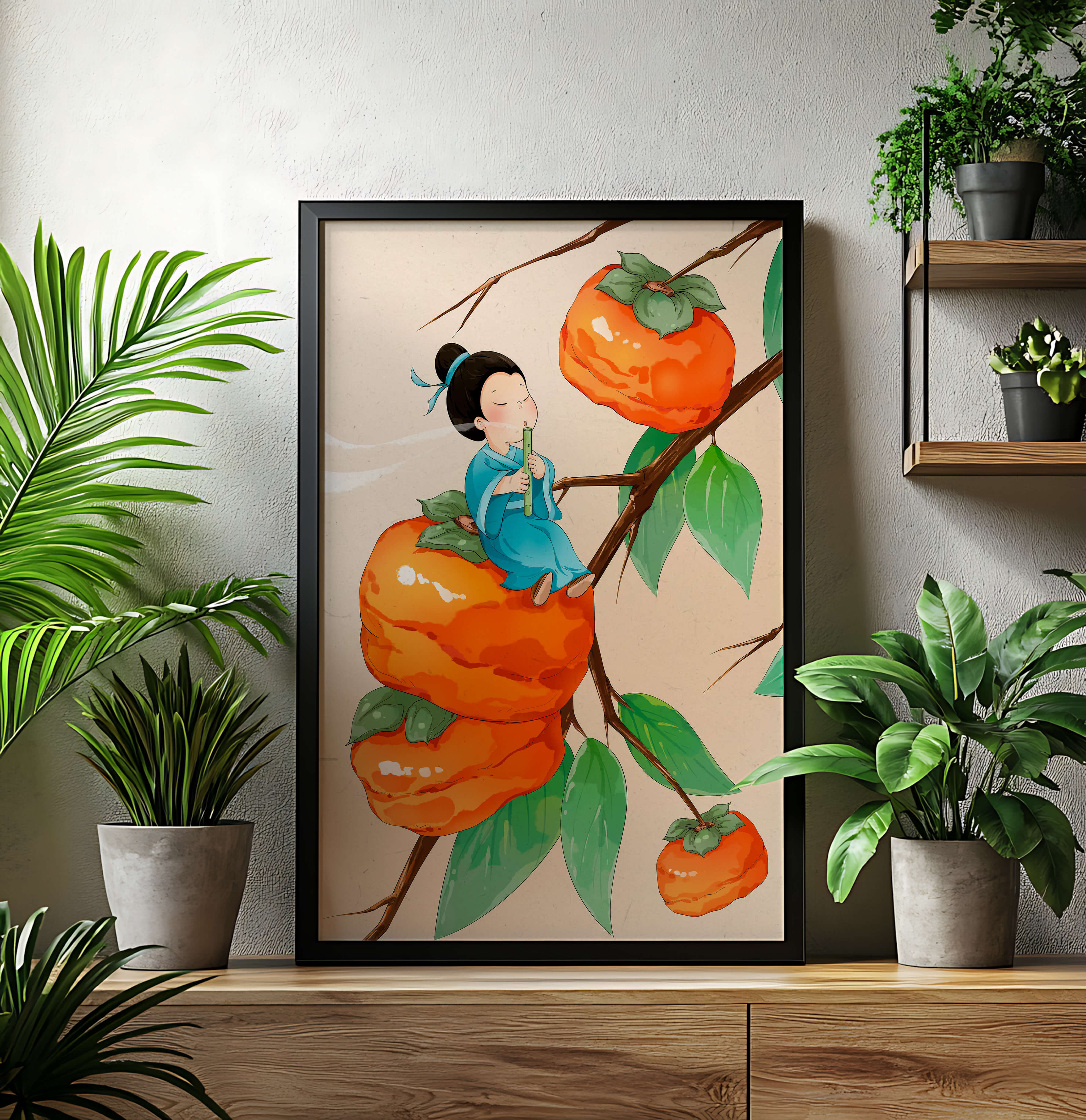 Child playing flute on persimmon-filled tree in whimsical illustration