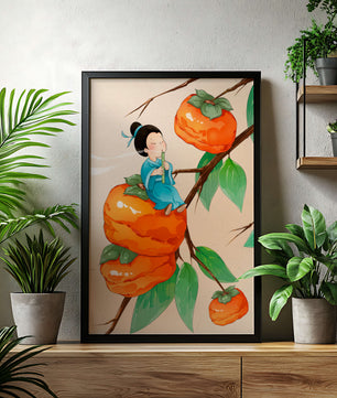 Child playing flute on persimmon-filled tree in whimsical illustration