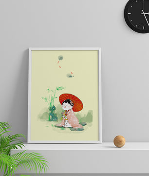 Cat in Traditional Japanese Dress with Umbrella in Zen Garden - Mi tienda