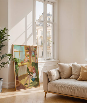 Cozy Living Room with a Reading Girl and Cat by the Window