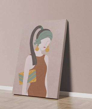 Retrato de mujer estilizado con colores apagados y elementos geométricos
