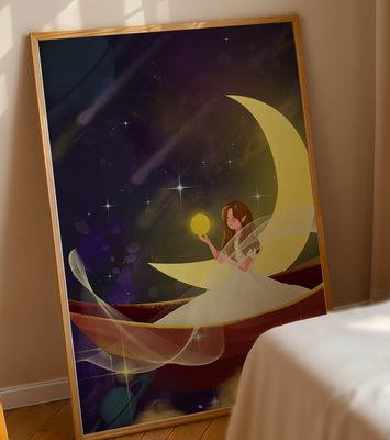Enchanted night scene with a fairy on a crescent moon