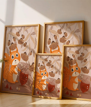 Orange Squirrel with Acorn in Autumn Forest