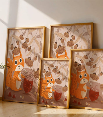 Orange Squirrel with Acorn in Autumn Forest