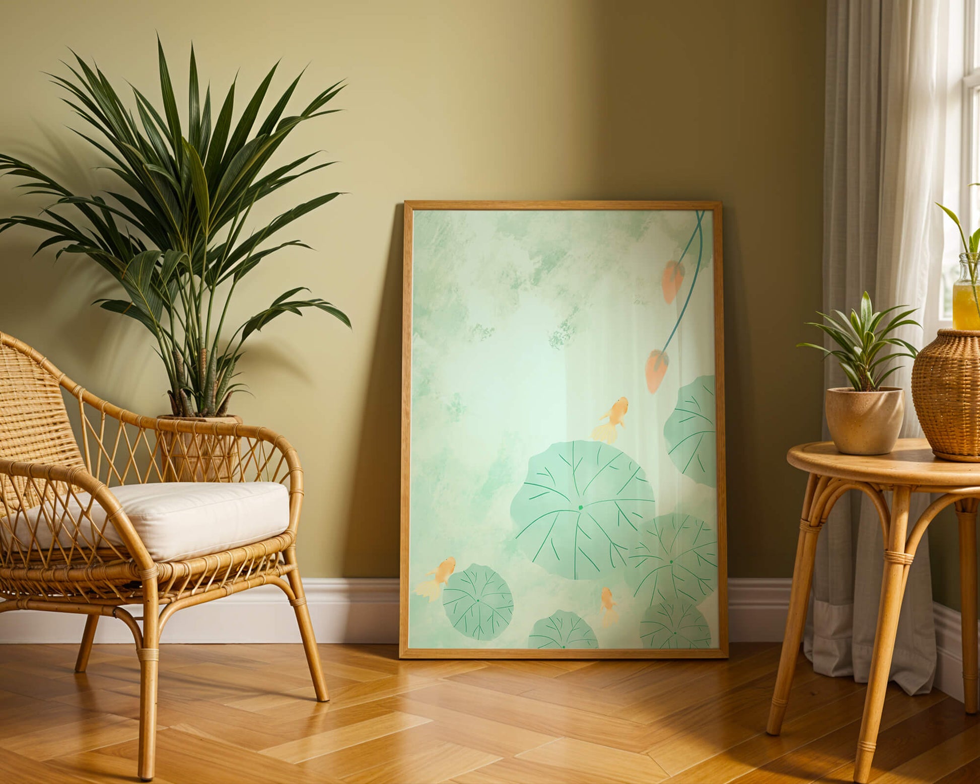 Serene Pond Scene with Goldfish and Lotus Leaves