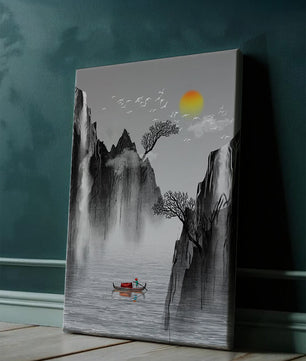 Paisaje sereno con montañas, río y un bote bajo el sol