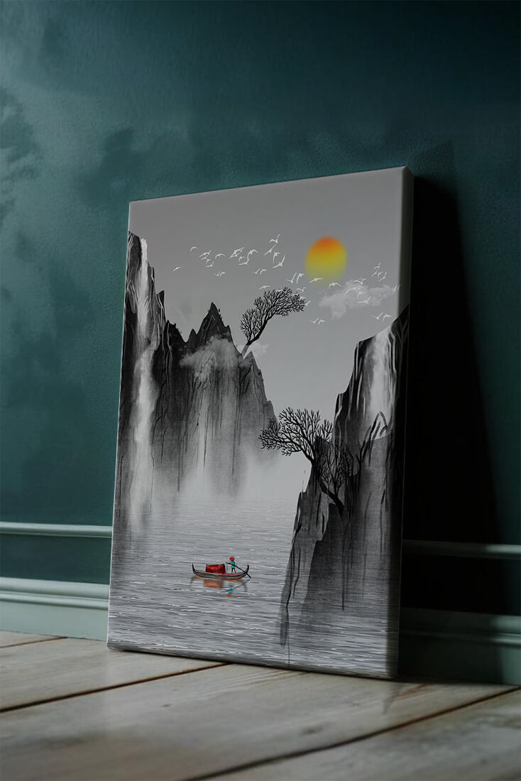 Serene landscape with mountains, river, and a boat under the sun