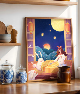 Moonlit Night with Lanterns and Tea Ceremony Featuring Rabbits and Mooncakes