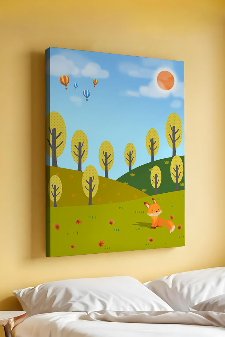 Whimsical landscape with hot air balloons and a fox in autumn scenery